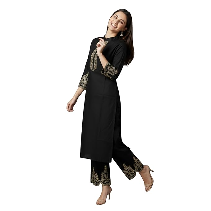 Kurti Set for Women Roman Silk Straight Kurta with Pant Embroidered Kurti Pant Set Women Kurta Set with Straight Pants Ethnic Wear for Office Casual Wear
